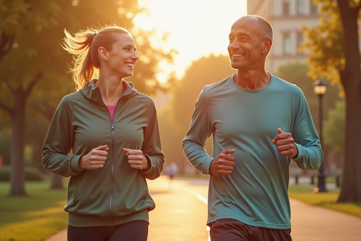 Deux adultes souriants en sport dans un parc ensoleille