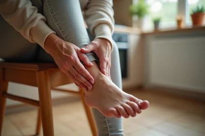 Femme massant son talon douloureux à domicile pour soulager une épine calcanéenne