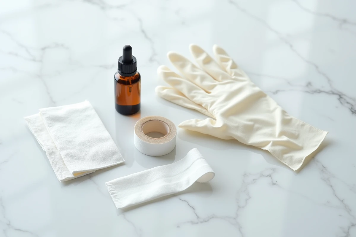 Kit de soins pour ongle arraché avec antiseptique, compresses stériles, ruban médical et gants sur marbre blanc