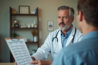 Médecin en consultation expliquant les résultats d'une analyse sanguine SGPT à un patient