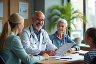 Medecin en blouse blanche explique pression artérielle à une patiente
