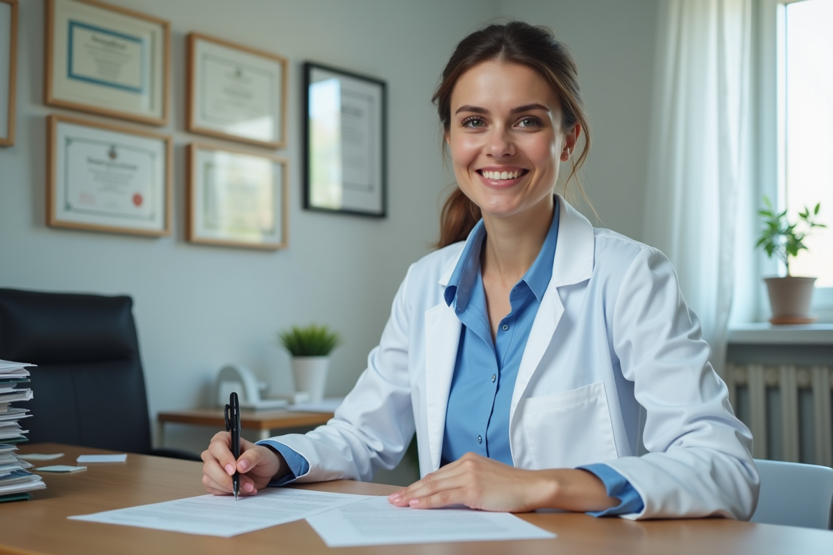Médecin femme en train de remplir des papiers CPAM dans un bureau moderne
