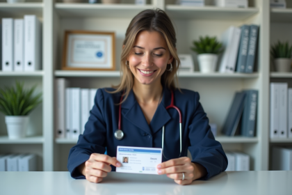 Médecin femme souriante avec sa carte de santé dans un bureau professionnel