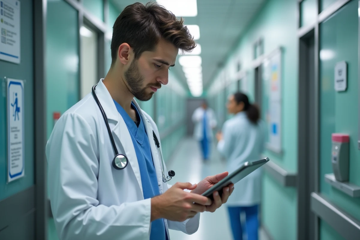 Jeune medecin en blouse examinant un dossier sur tablette