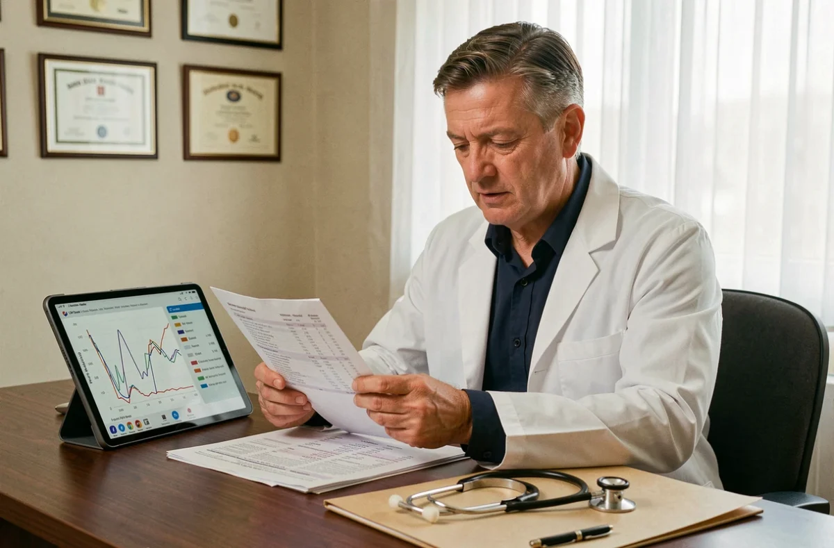 Oncologue consultant les résultats de prise de sang LDH imprimés et sur tablette pour évaluer l'efficacité d'un traitement par chimiothérapie