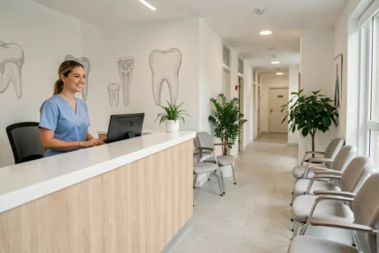 Salle d'attente moderne d'un cabinet dentaire en Seine-Saint-Denis avec une réceptionniste accueillante