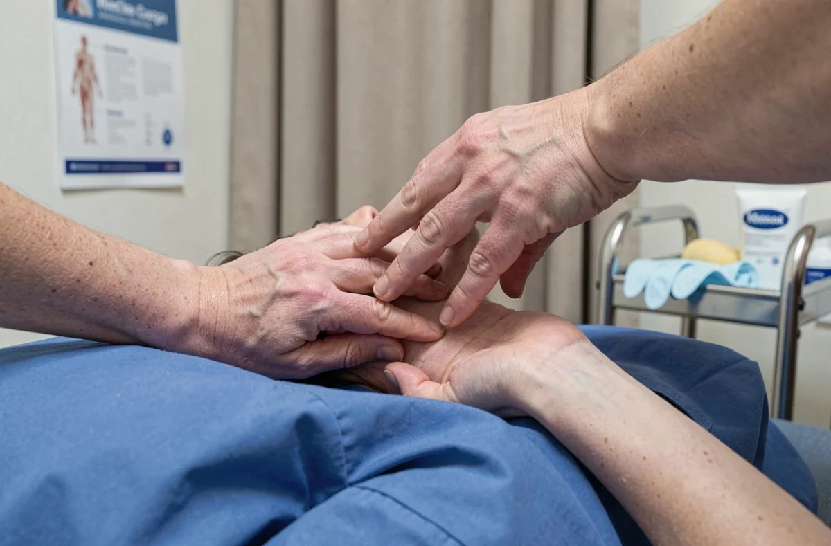 Gros plan sur les mains d'un kinésithérapeute réalisant une mobilisation cervicale manuelle sur un patient allongé