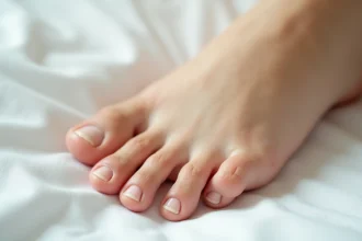 Gros plan d'un pied égyptien aux orteils progressivement décroissants reposant sur une surface blanche, illustrant la morphologie caractéristique du pied égyptien