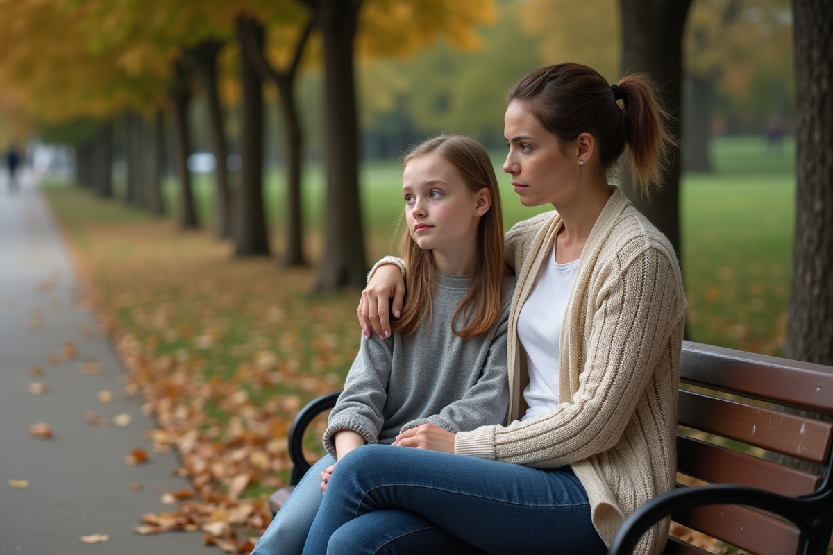 Femme et adolescente sur un banc dans un parc en automne