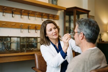 Opticienne indépendante aidant un client à choisir ses lunettes dans une boutique artisanale aux étagères en bois