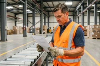 Ouvrier intérimaire en gilet de sécurité orange consultant son contrat de travail dans un entrepôt industriel