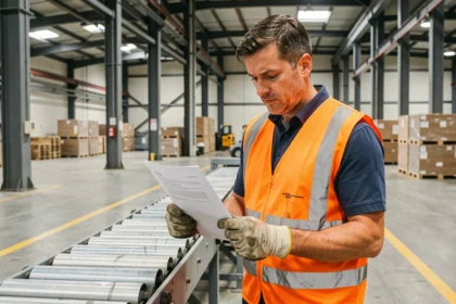Ouvrier intérimaire en gilet de sécurité orange consultant son contrat de travail dans un entrepôt industriel