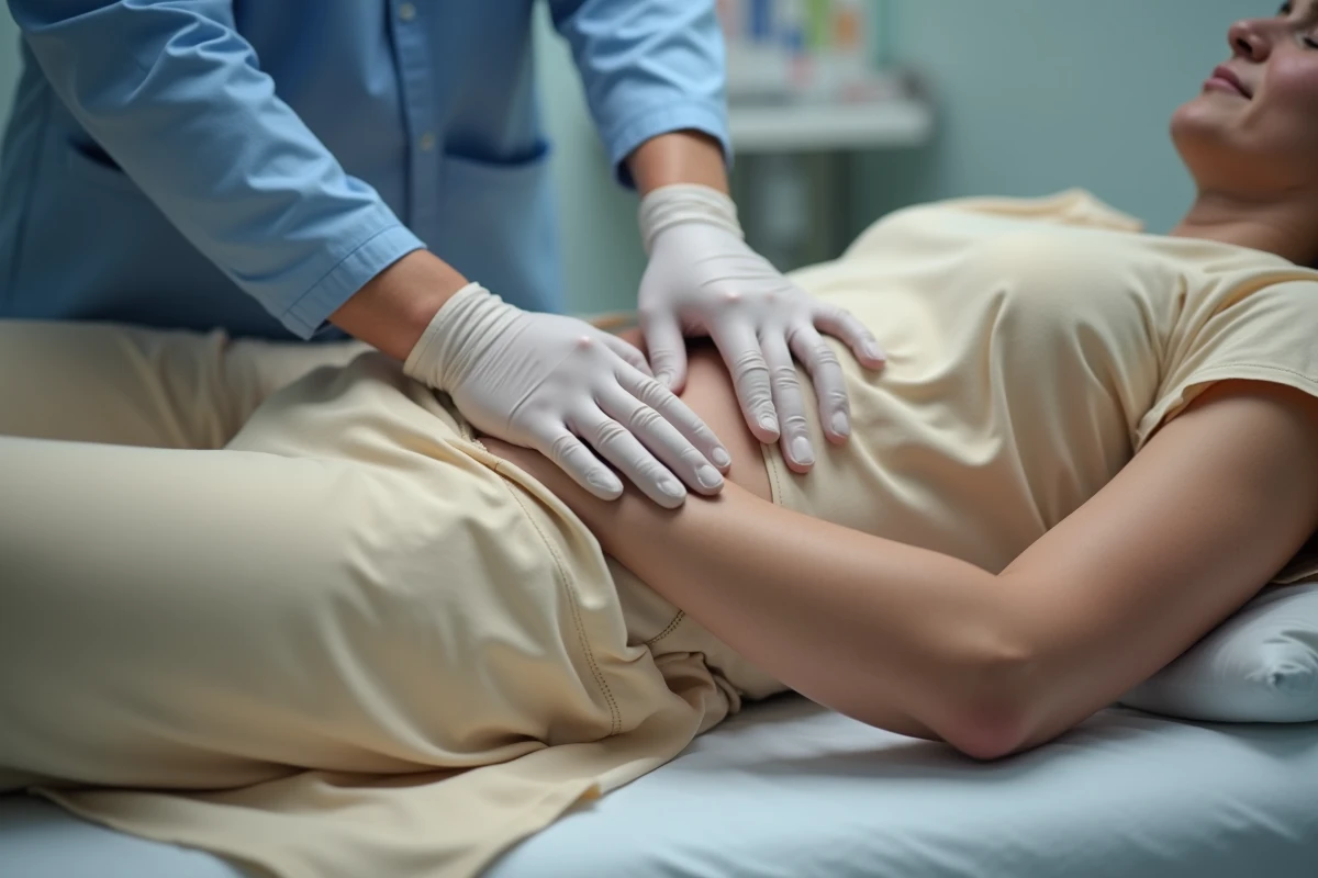 Médecin palpant l'aine d'un patient pour diagnostiquer une grosseur ou un ganglion enflé lors d'un examen clinique