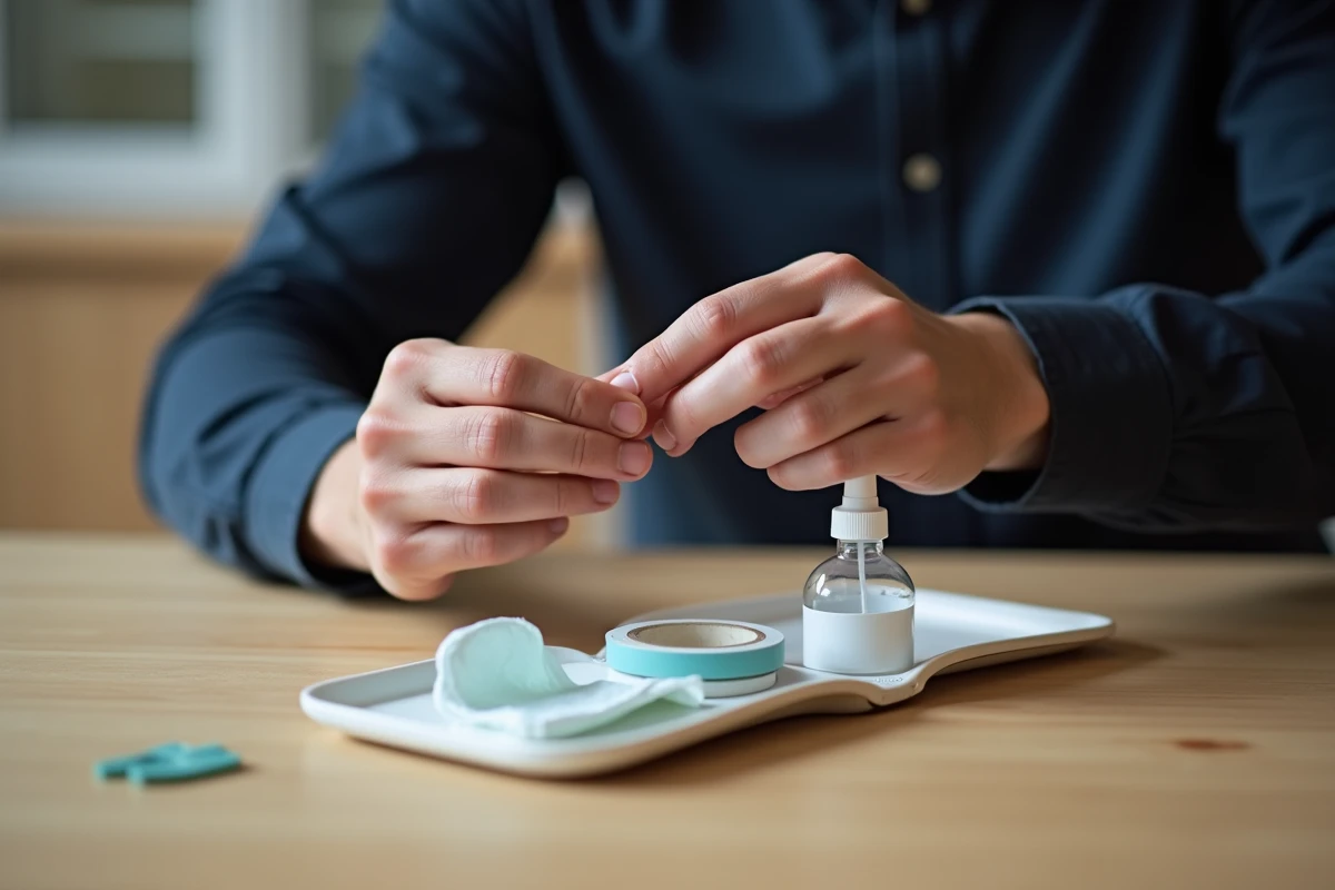 Homme appliquant un pansement stérile sur un pouce dont l'ongle a été arraché avec une trousse de premiers secours ouverte