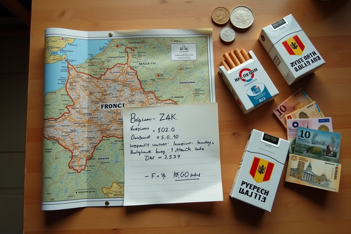 Vue de dessus d'une table avec des paquets de cigarettes belges, une carte routière de la frontière franco-belge et des calculs de prix manuscrits