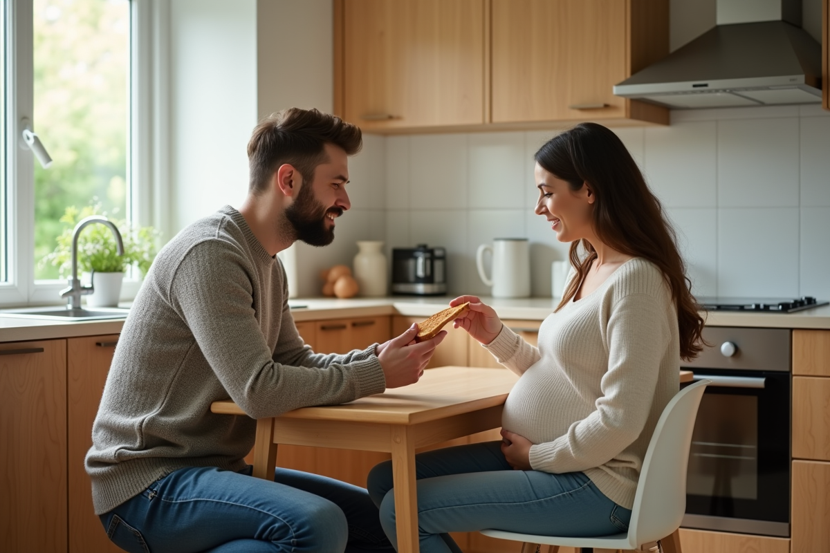 Partenaire soutenant sa femme enceinte dans la cuisine