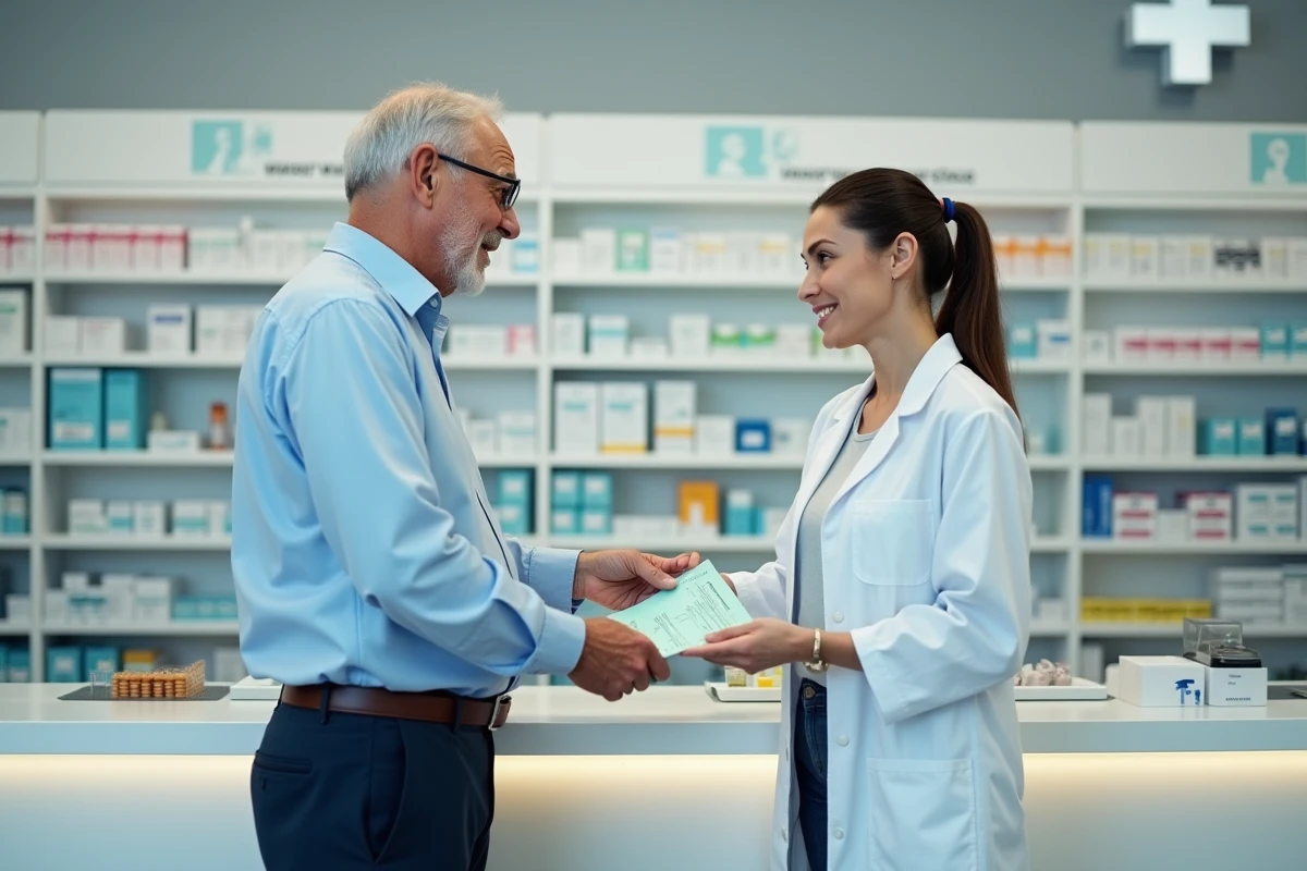 Un patient âgé remet une ordonnance médicale à une pharmacienne pour un médicament remboursé à 100% par la Sécurité Sociale