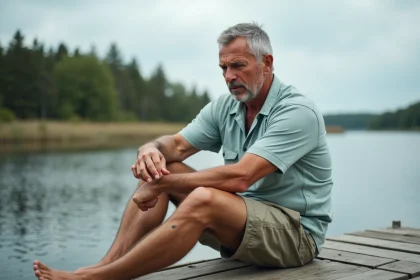 Pêcheur examinant une morsure de brochet sur son avant-bras au bord d'un lac