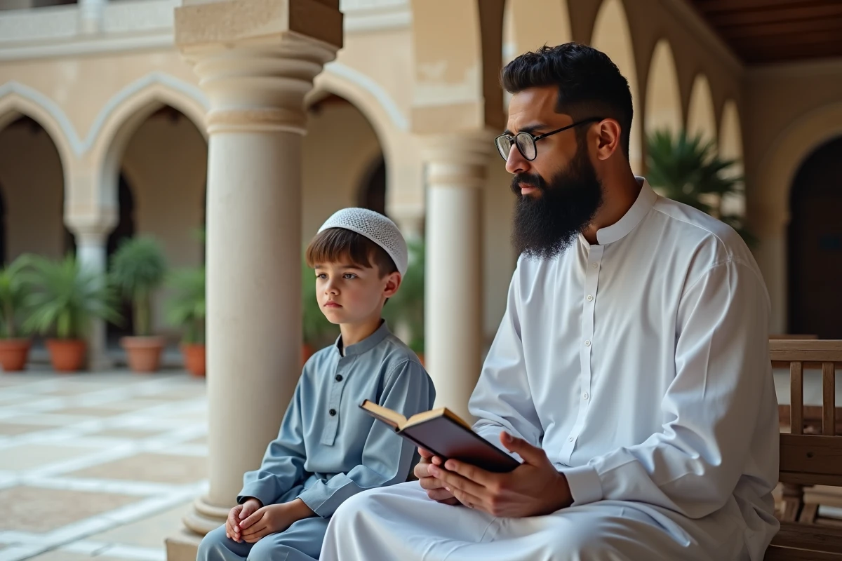 Père récitant des sourates coraniques de protection à son jeune fils dans la cour d'une mosquée