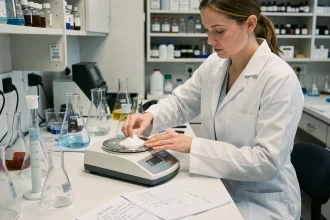 Scientifique pesant une poudre blanche sur une balance analytique dans un laboratoire de chimie pour calculer une concentration