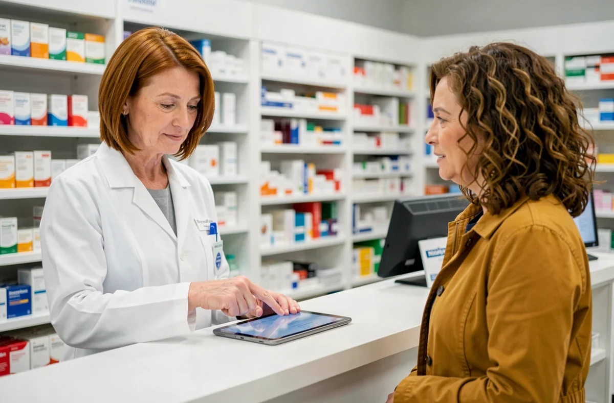 Pharmacienne conseillant une cliente sur un complément alimentaire comme Glucavit dans une pharmacie moderne