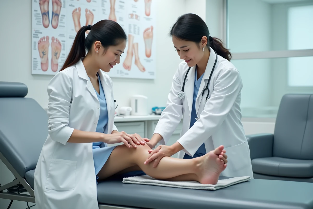 Podologue en blouse blanche examinant le pied d'un patient en cabinet médical pour analyser la morphologie du pied égyptien