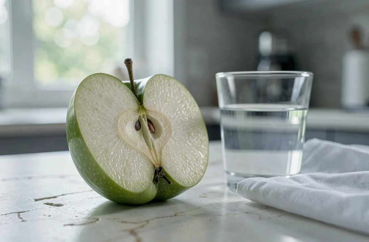 Pomme verte coupée en deux sur un comptoir en marbre révélant les fibres et les pépins liés à la santé digestive