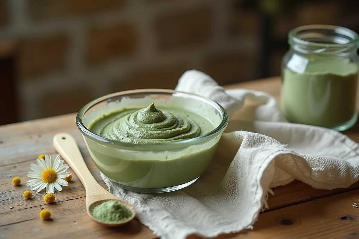 Préparation d'un cataplasme d'argile verte avec bol en verre, spatule en bois et tissu de lin sur une table rustique en bois