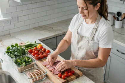 Femme préparant des repas équilibrés pour une semaine minceur avec des légumes frais et des protéines maigres dans une cuisine moderne