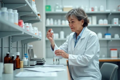 Pharmacienne pr&eacute;parant un s&eacute;rum physiologique avec une pipette gradu&eacute;e et une balance de pr&eacute;cision dans une arri&egrave;re-boutique de pharmacie