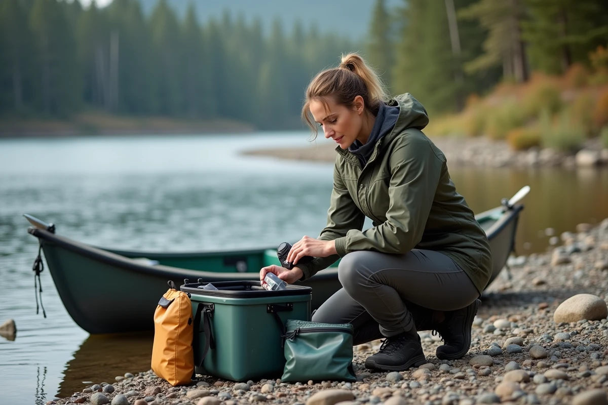 Femme préparant une trousse de secours waterproof avant une sortie de pêche au brochet