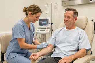 Infirmière prélevant un échantillon de sang sur un patient en oncologie pour analyser le taux de LDH en cours de chimiothérapie
