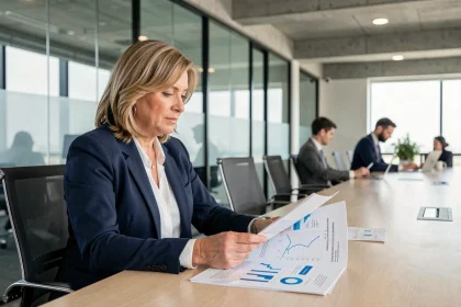 Professionnelle en réunion analysant des rapports de business intelligence dans un bureau moderne