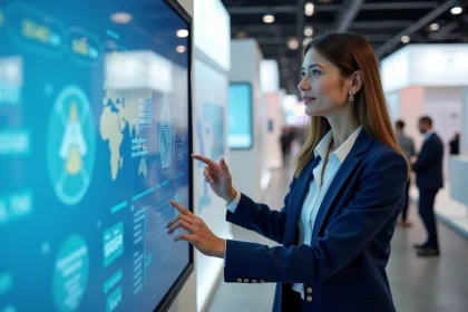 Professionnelle de la santé numérique présentant des tableaux de bord e-santé sur un écran interactif lors d'un salon healthworld