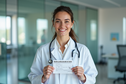 Infirmière souriante avec sa carte professionnelle de santé