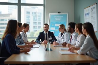 Groupe de professionnels de santé en réunion dans un bureau moderne