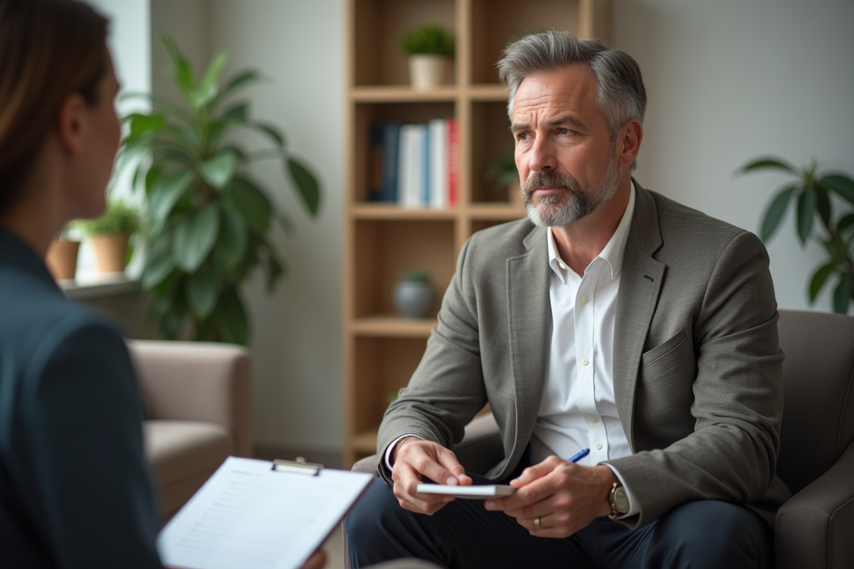 Femme en séance avec un psychologue dans un cabinet moderne
