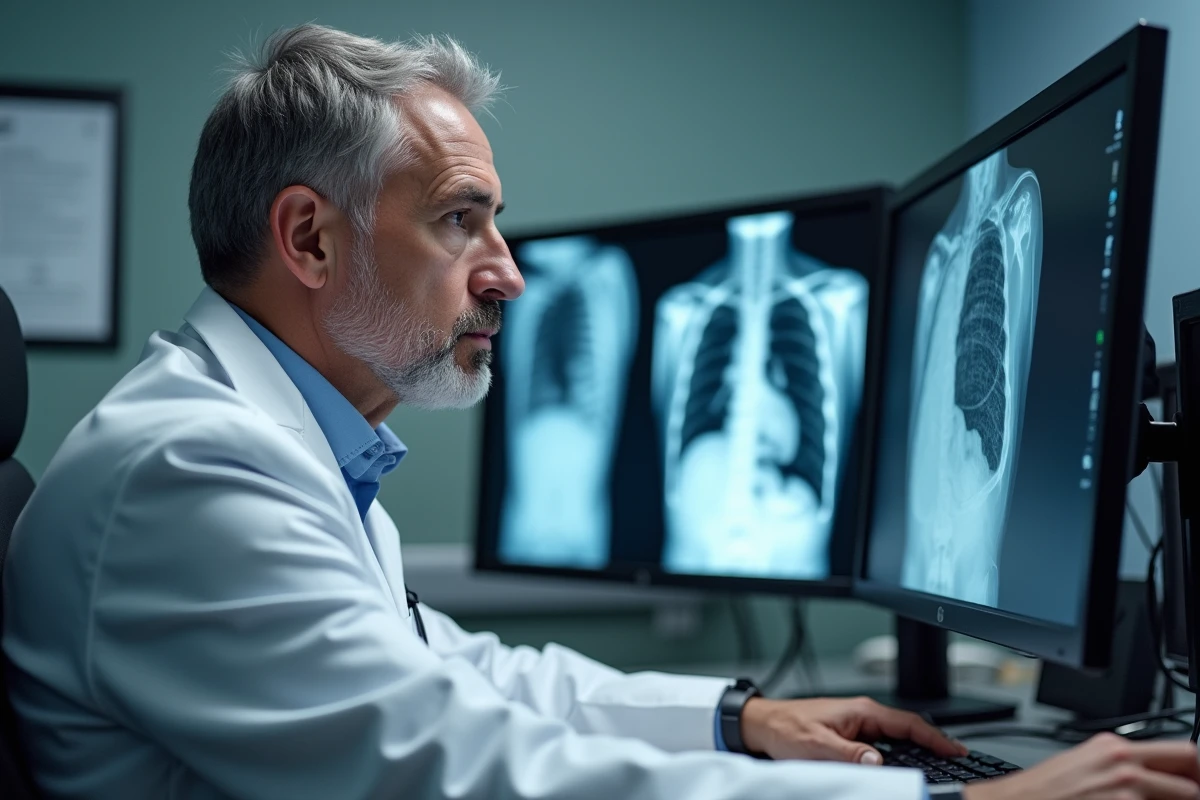Radiologue analysant des images MRI sur écrans modernes