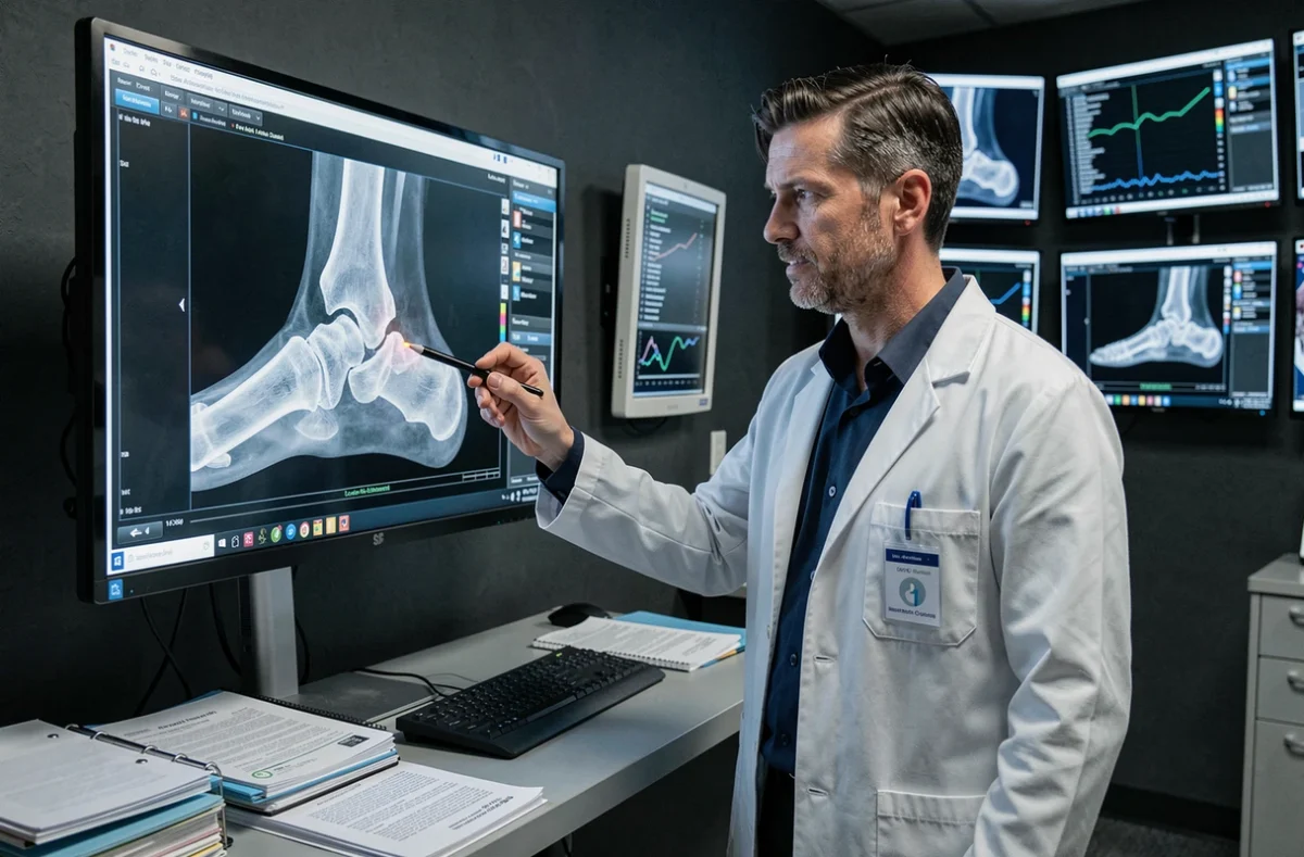 Radiologue analysant une radiographie du talon pour diagnostiquer une talalgie sur écran numérique