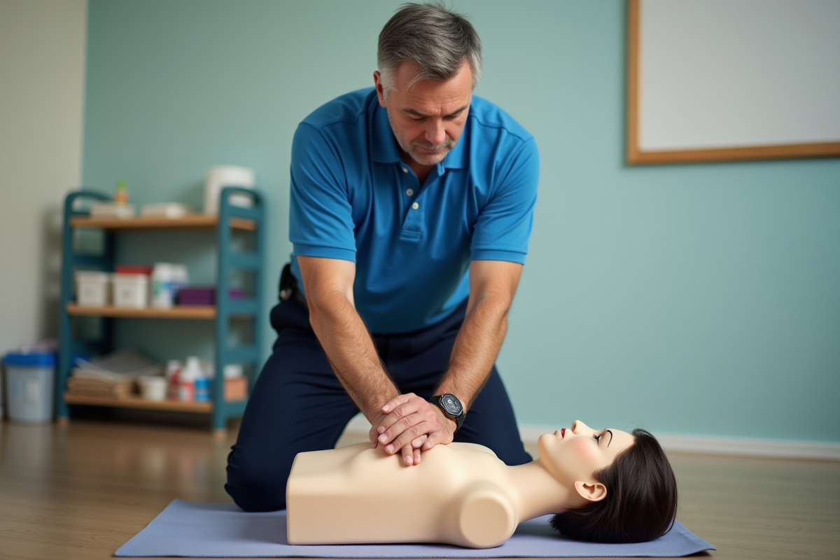 Homme pratiquant le massage cardiaque sur un mannequin en formation