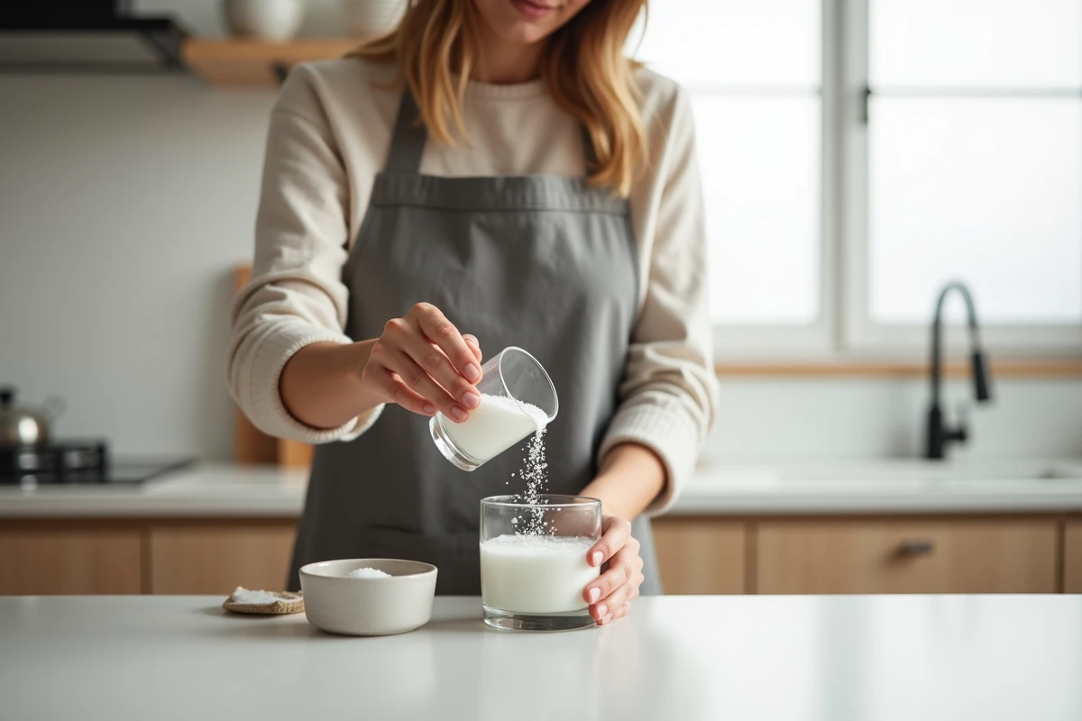 Femme préparant une solution saline maison en dissolvant du sel de mer dans de l'eau distillée selon une recette précise