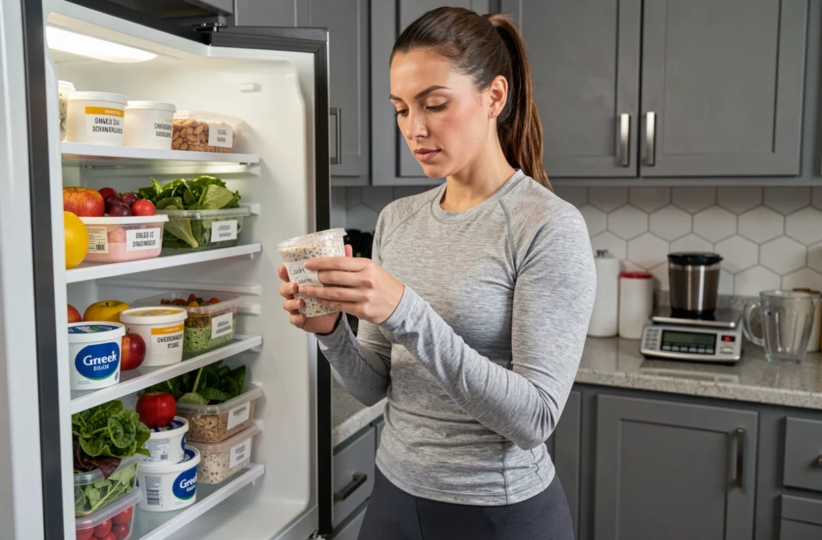 Femme consultant ses repas préparés dans un réfrigérateur bien organisé pour un programme de perte de poids de 3 kilos en une semaine