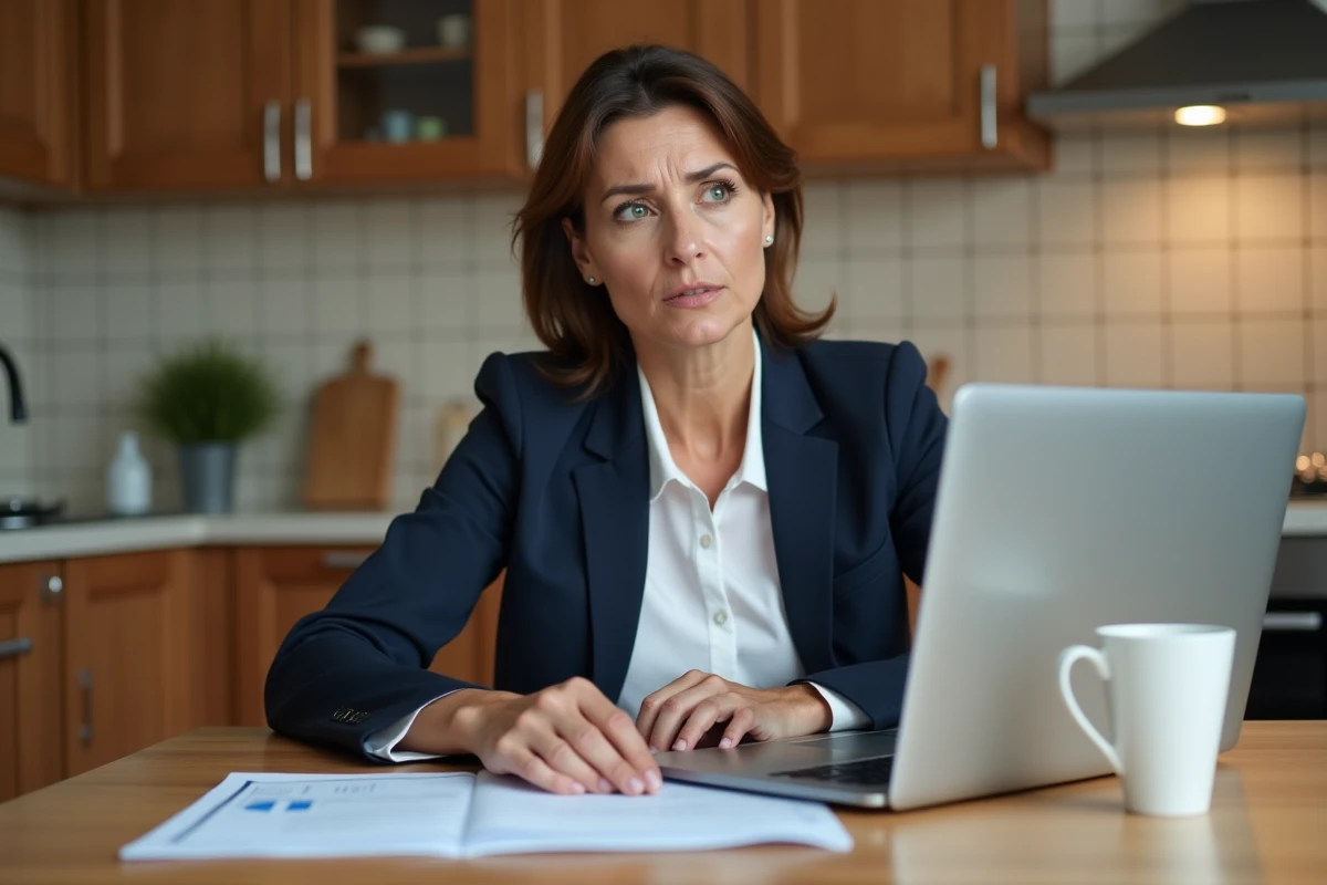 Une femme consulte des documents de remboursement de l'Assurance Maladie à domicile, illustrant la prise en charge des maladies à 100%