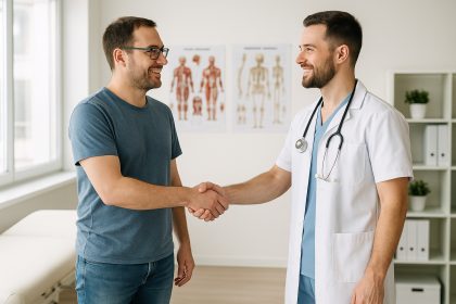 Photo hyperrealiste d'une personne en casual serrant la main d'un professionnel de santé dans une clinique moderne