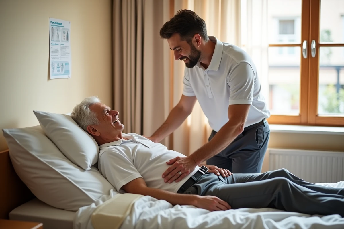 Kinésithérapeute repositionnant un senior alité sur un matelas anti-escarres dans une maison de retraite médicalisée