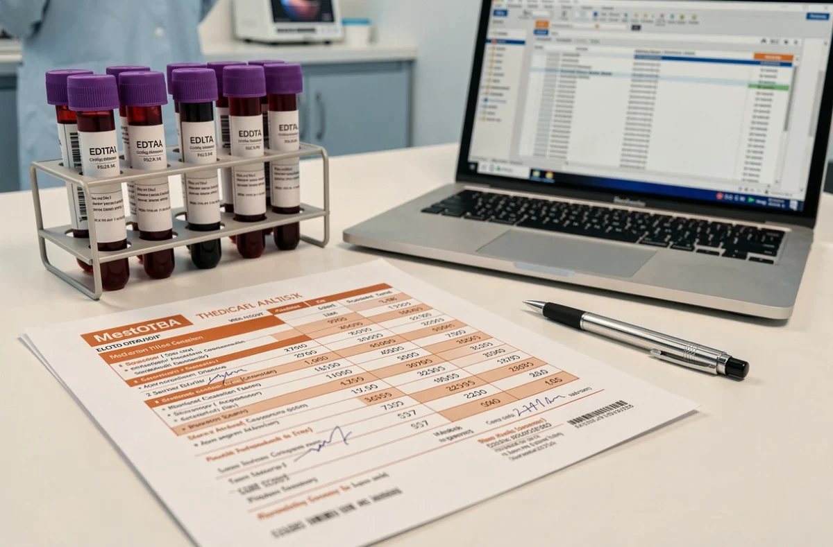 Résultats d'analyse de sang imprimés sur un bureau médical avec tubes d'échantillons et logiciel de laboratoire