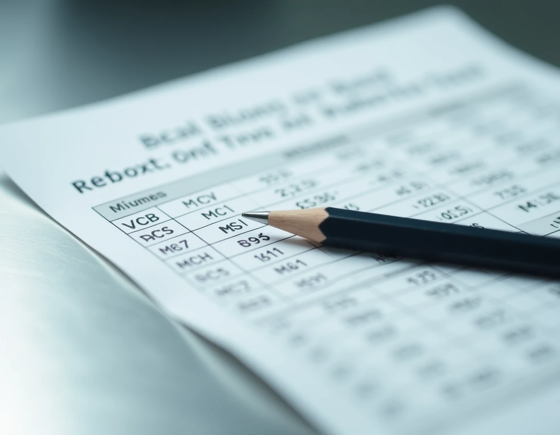Résultats imprimés d'un hémogramme complet montrant les valeurs TCMH et autres indices érythrocytaires sur paillasse en inox