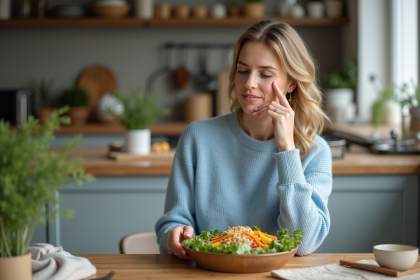 Femme préparant une salade colorée dans la cuisine chaleureuse
