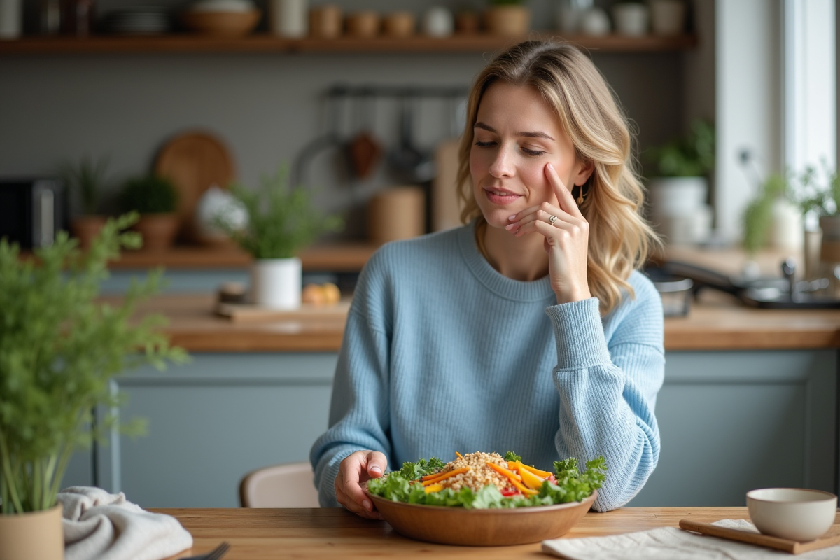 Femme préparant une salade colorée dans la cuisine chaleureuse