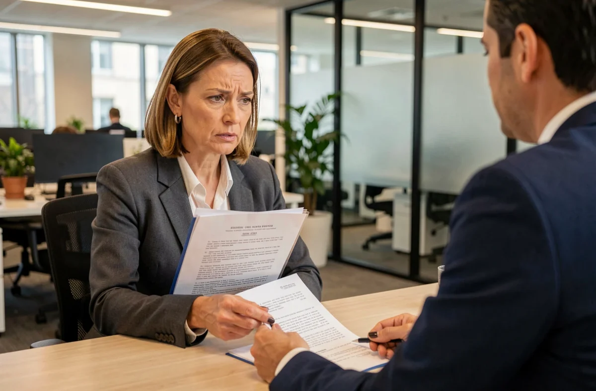 Salariée précaire en réunion avec un responsable RH pour discuter de ses droits après un accident du travail